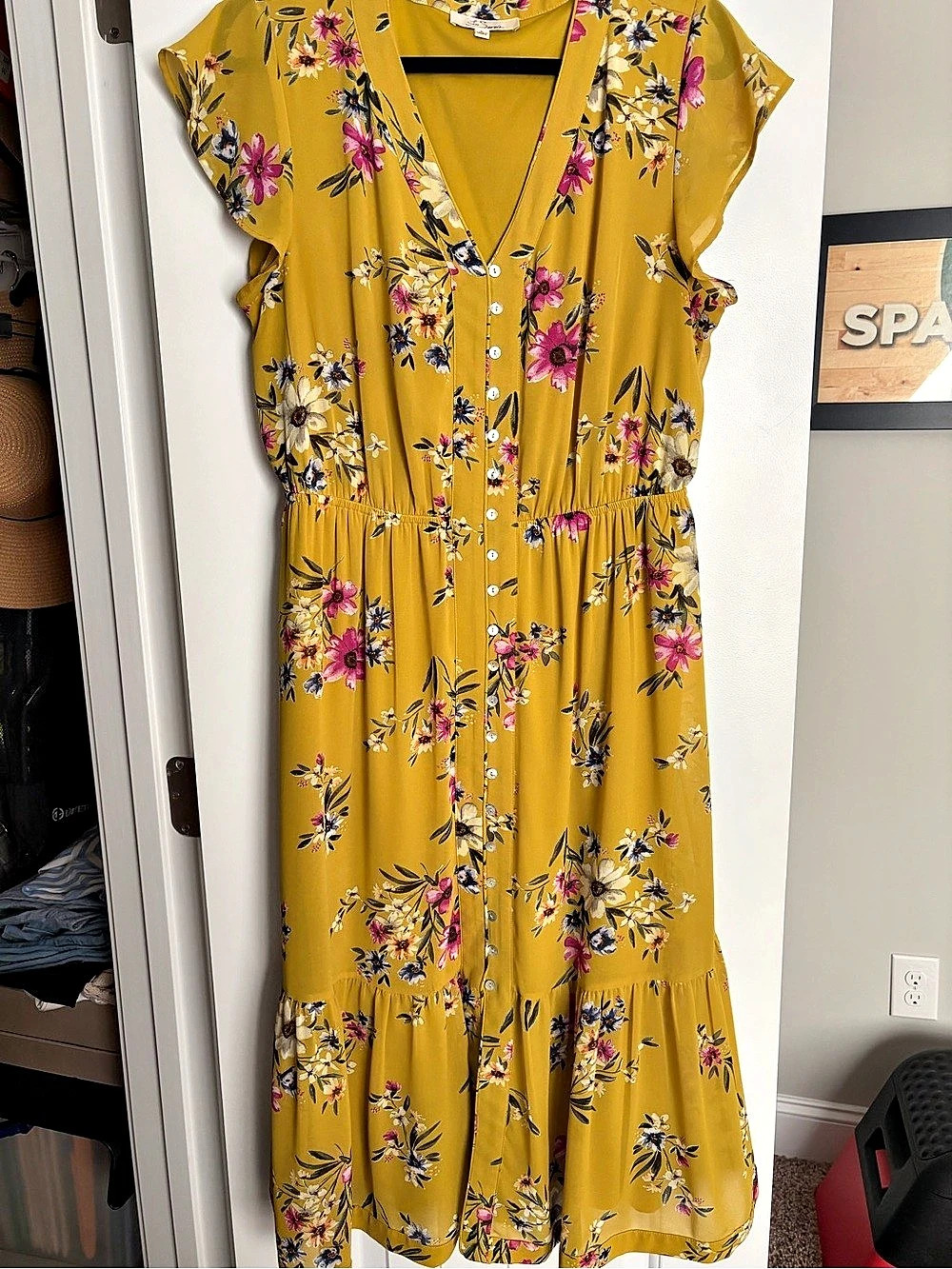 Les Serein Floral Midi Dress in Yellow Size Large Like New